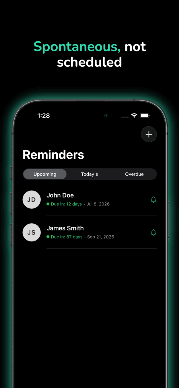 Kinty reminders screen showing upcoming, today's, and overdue contacts