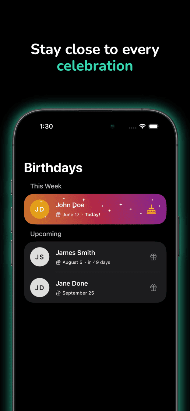 Birthdays screen